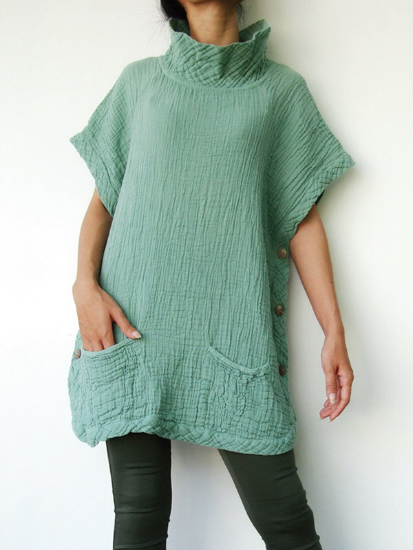 Loose High Neck Pocket Short Sleeve Side Button Blouses