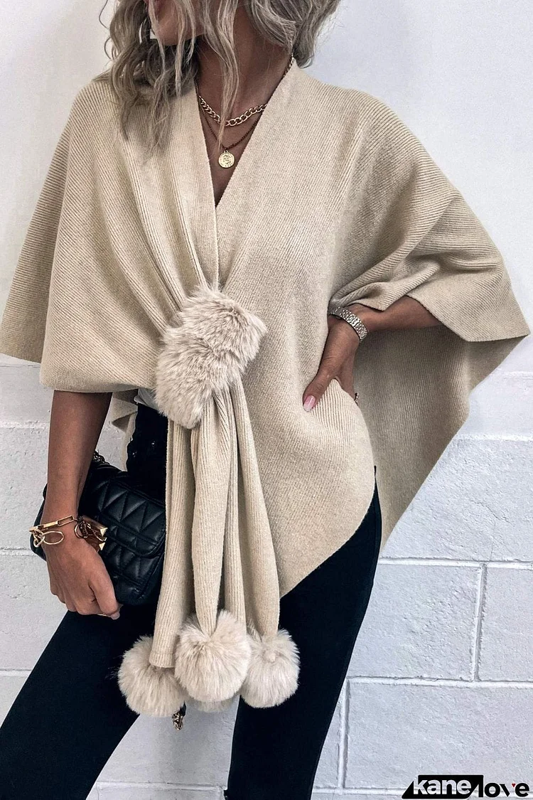 Surplice Neck Pom-Pom Trim Poncho