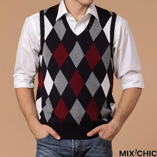 New Fashion Mens Wool Knitted Sweater Vest Plaid Cashmere Sweater Men Spring Autumn Casual Vests Pullover Men