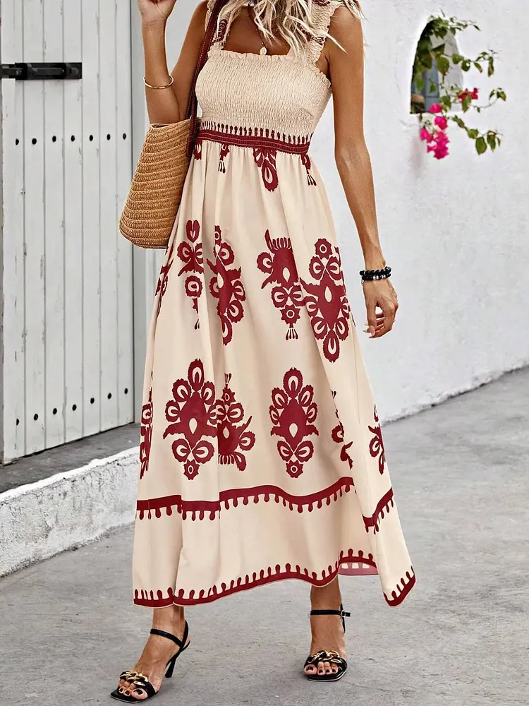 Smocked Printed Wide Strap Maxi Dress