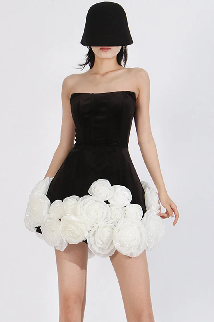 Contrast Color 3D Floral Strapless Velvet Mini Dress-Black