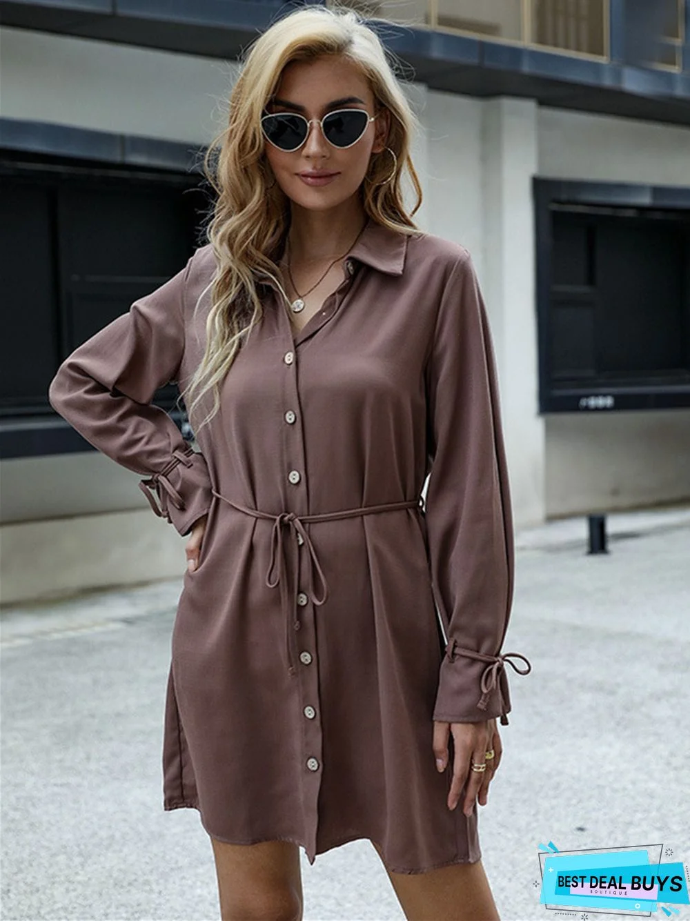 New Solid Lapel Lace Up Long Sleeved Shirt Dress