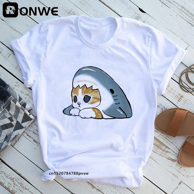 Cat Shark Funny Women Cartoon Y2K T shirt Female 90s Summer Clothing Girl Fashion Black T-shirts,Drop Shipping
