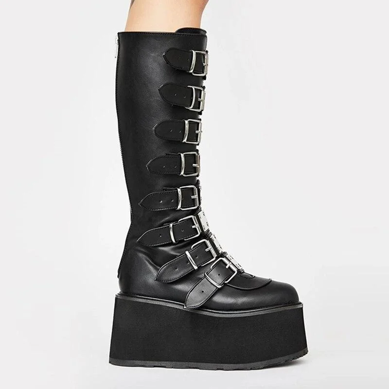 Leather Women Mid-Calf Boots Gothic Style Cool Punk Motorcycles Females Boot Platform Wedges High Heels Calf Boots Women's Shoes 1110