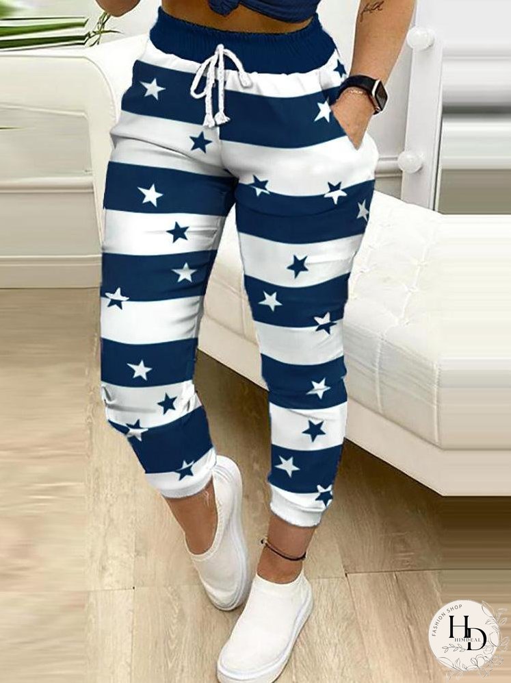 Colorblock Star Print Drawstring Skinny Pants for Women