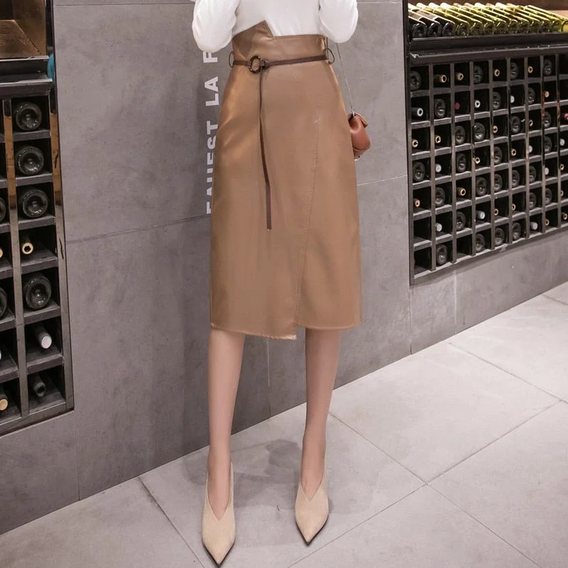 High Waist Slim Hip-wrap Pu Leather Skirts Skinny Belt Irregular A-line Pencil Skirt Zipper Solid Black Half-length Skirts 17096