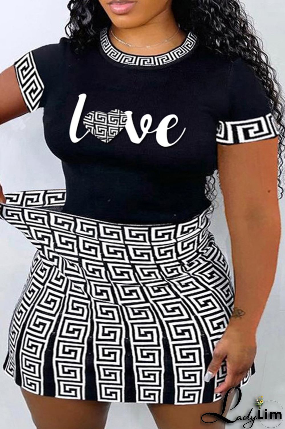 Black Fashion Casual Letter Print Patchwork O Neck Plus Size Two Pieces