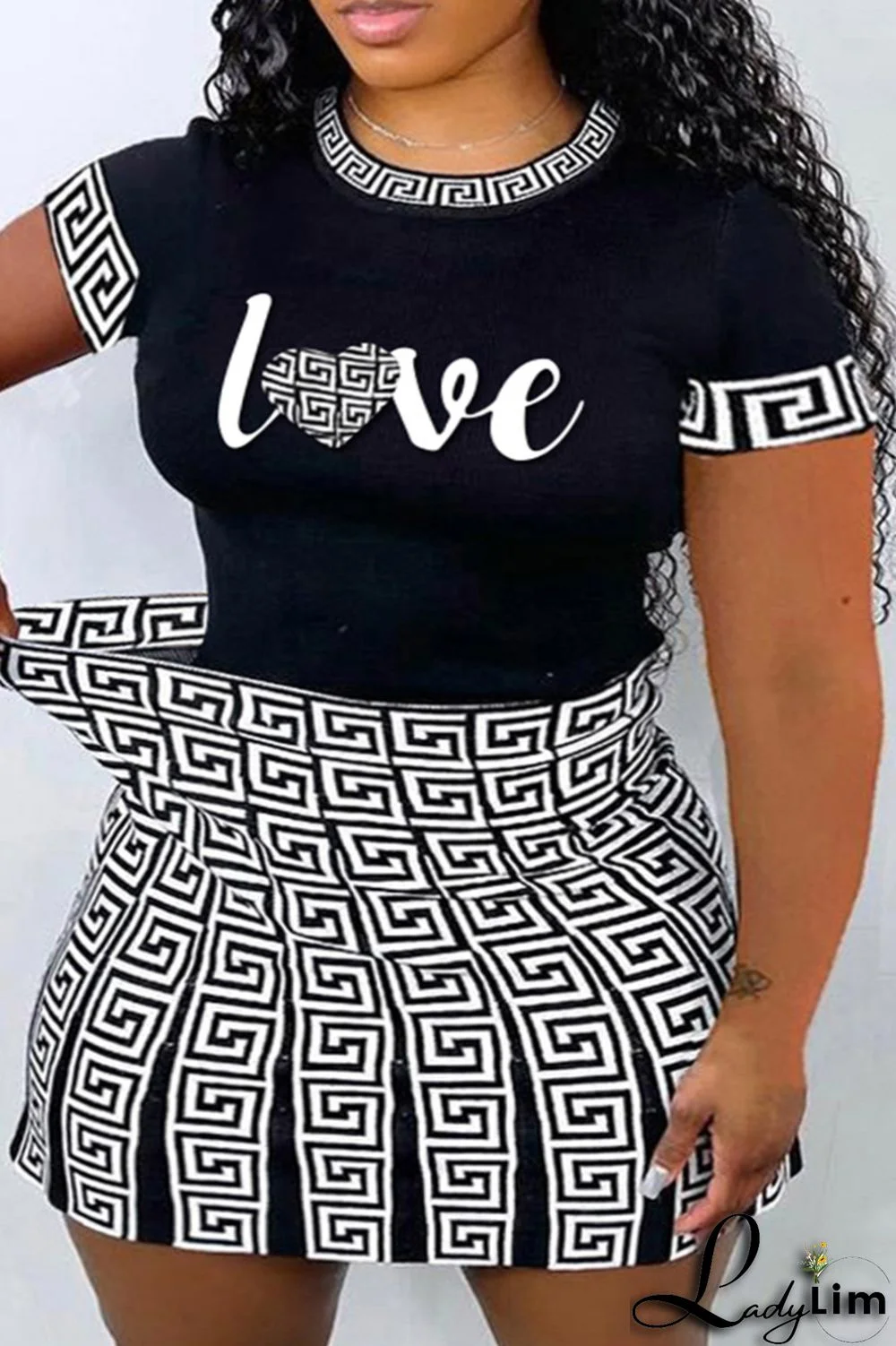 Black Fashion Casual Letter Print Patchwork O Neck Plus Size Two Pieces