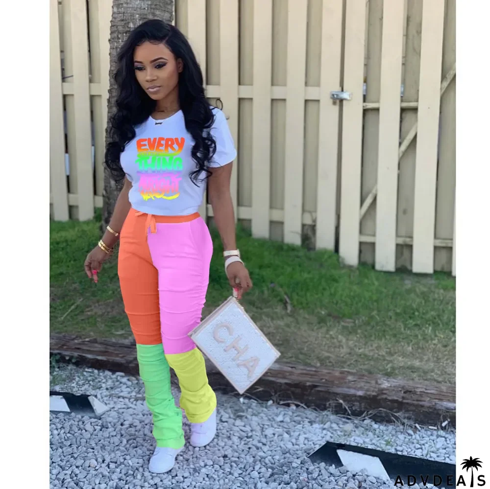 Casual Placement Print Letter Contrast Pleated Two-Piece Set