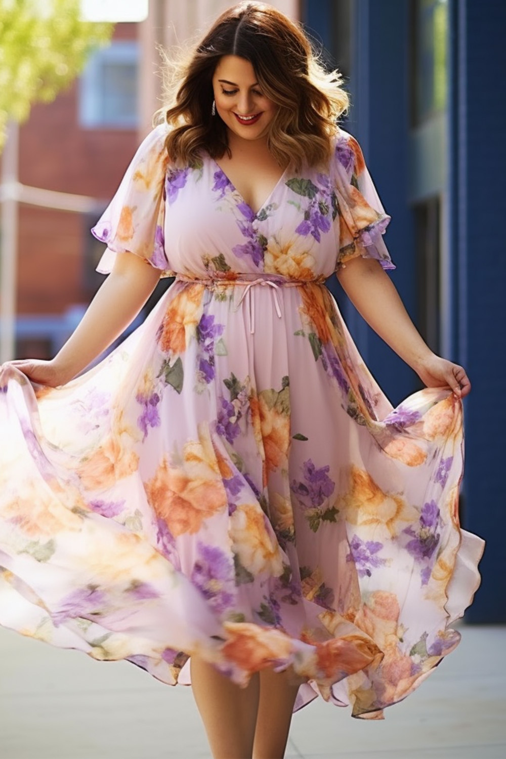 Flycurvy Plus Size Everyday Pink Floral Print V Neck Flutter Sleeve Midi Dress