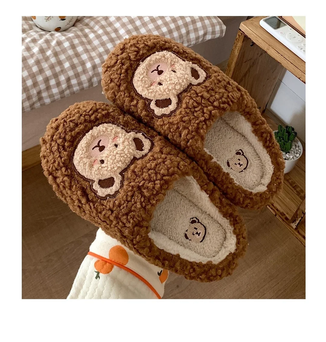 2022 Winter Women Slipper Lovely Bear Cartoon Plush Cotton Home Slippers Female Indoor Household Anti-Skid Thick Bottom Slipper