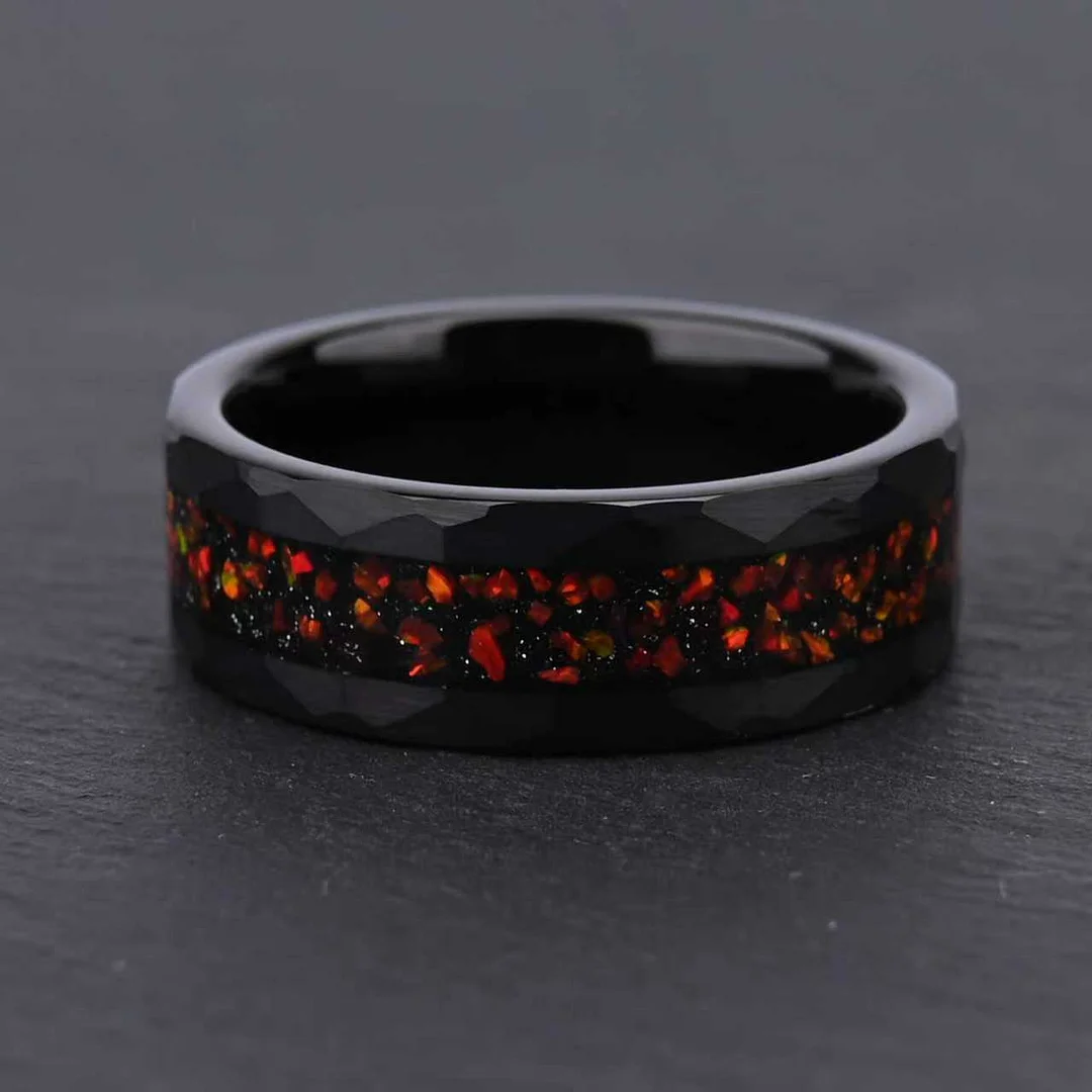 8MM Hammered Black Tungsten Carbide Rings Black Inlay and Red Opal Wedding Bands For Women and Men