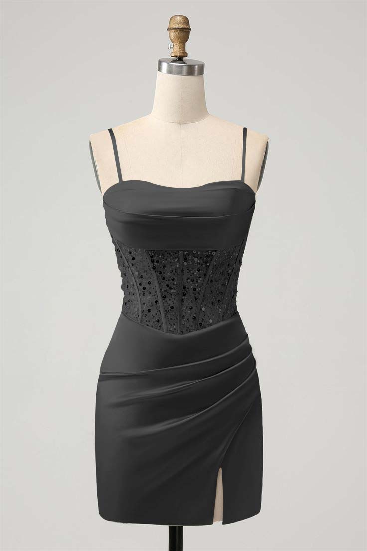  Elegant Sage Green Homecoming Dress Spaghetti Strap Patchwork with Sequins - ohprom