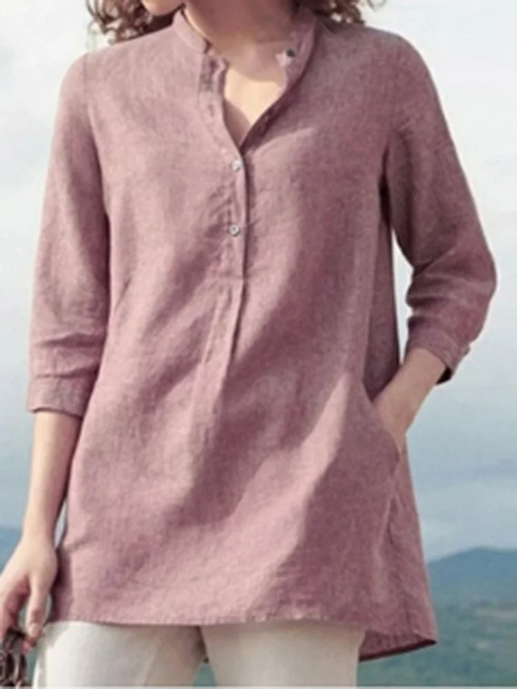 Solid color three-quarter sleeves stand-collar cotton and linen casual pullover shirt