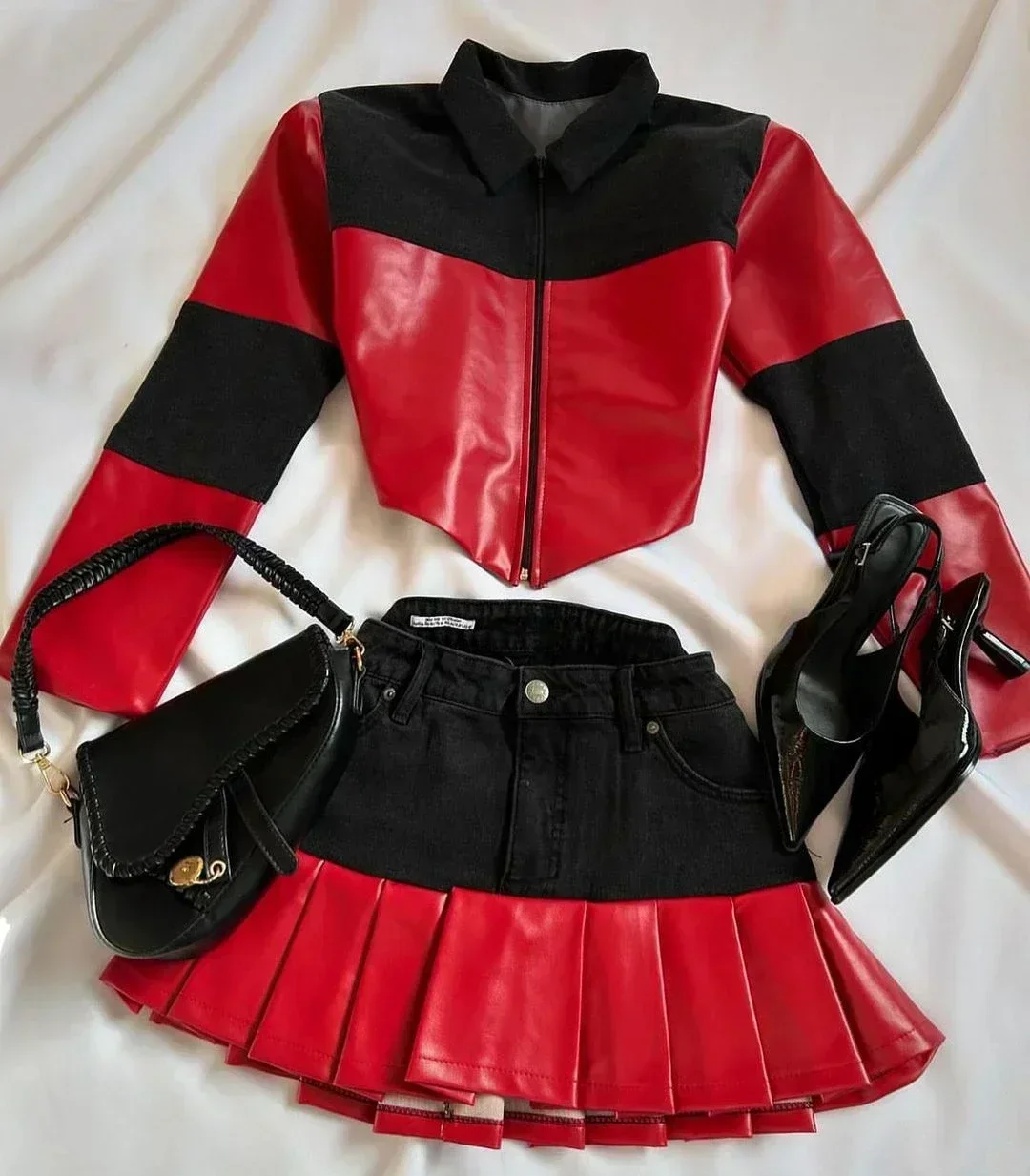 Aonga Y2K Women Streetwear Heart Shape Leather Outfit Two Piece Harajuku Gothic Jacket Cropped Denim Patchwork Pleated Mini Skirt Suit aonga