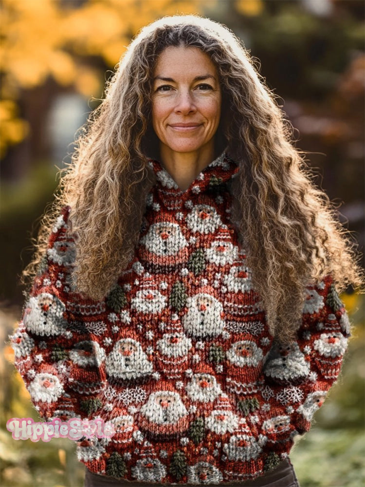 Women&rsquo;s Christmas Santa Seamless Art Patterns Print Knit Pullover Hooded Sweater Multicolor / S