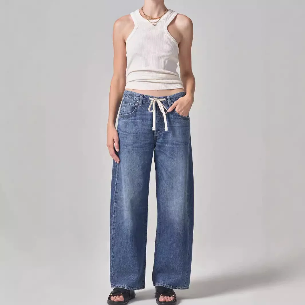Toloer Casual Loose, Wide-Leg Drawn Rope Jeans, Women's Jeans-Outfit Ideas