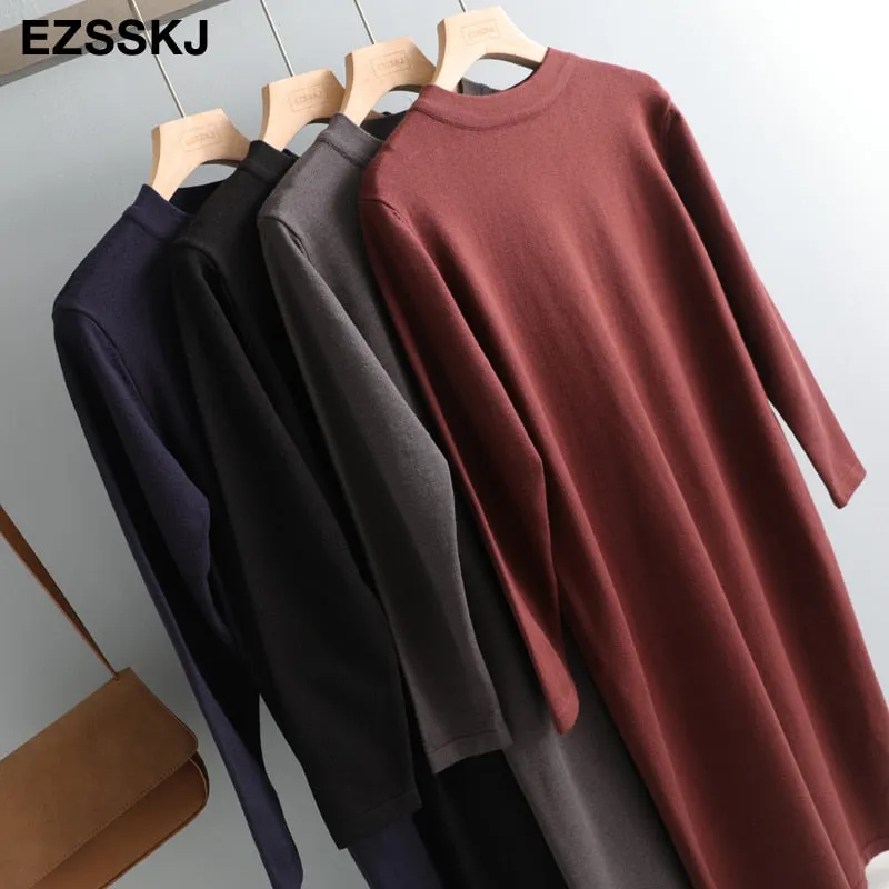 straight autumn winter long sweater dress women split side long o-neck maix sweater dress female basic dress