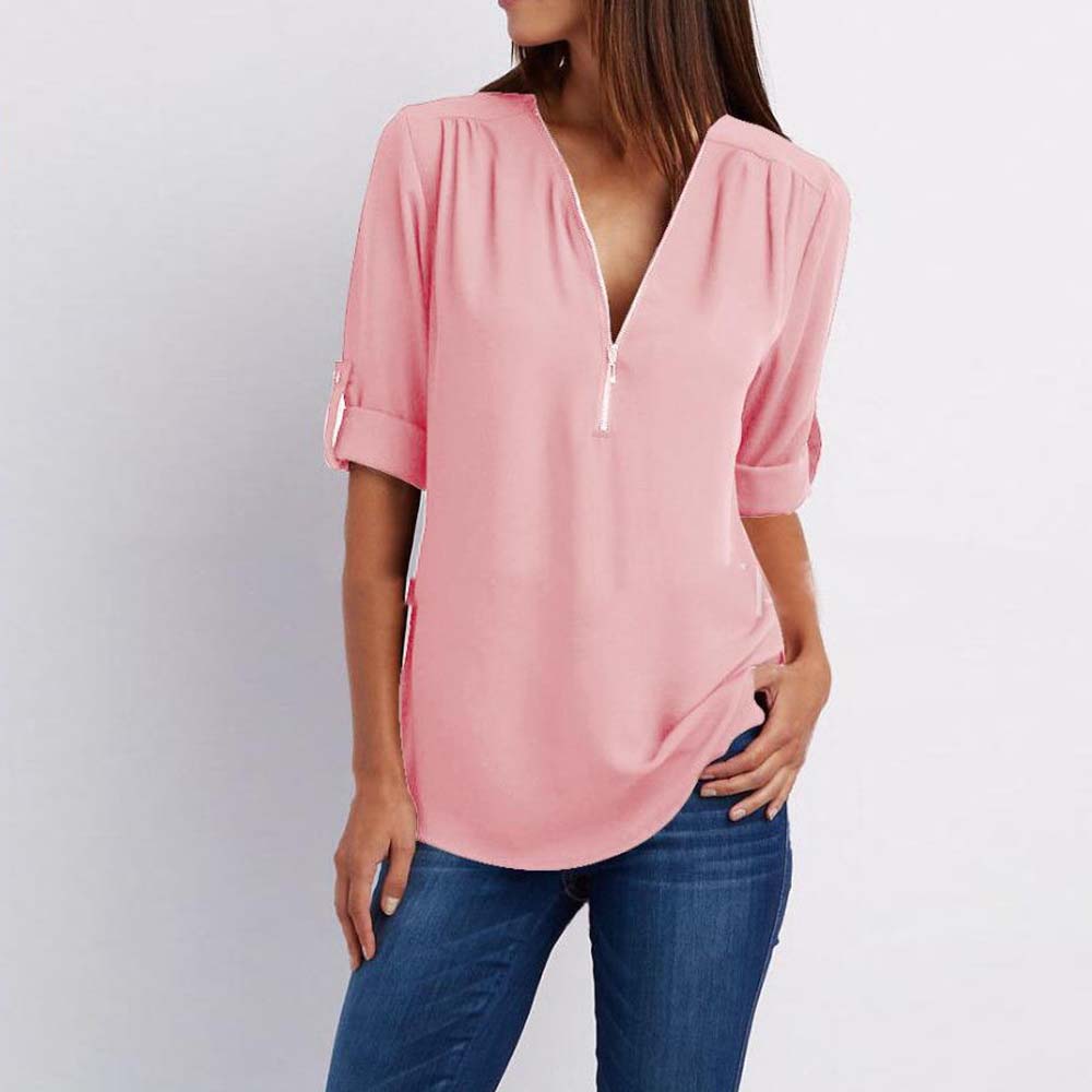 Spingseaon Camicia Donna In Chiffon Con Scollo A V E Maniche Lunghe – Modello Classico Con Bottoni E Pieghe, Morbida E Traspirante, Taglie XS-XXL