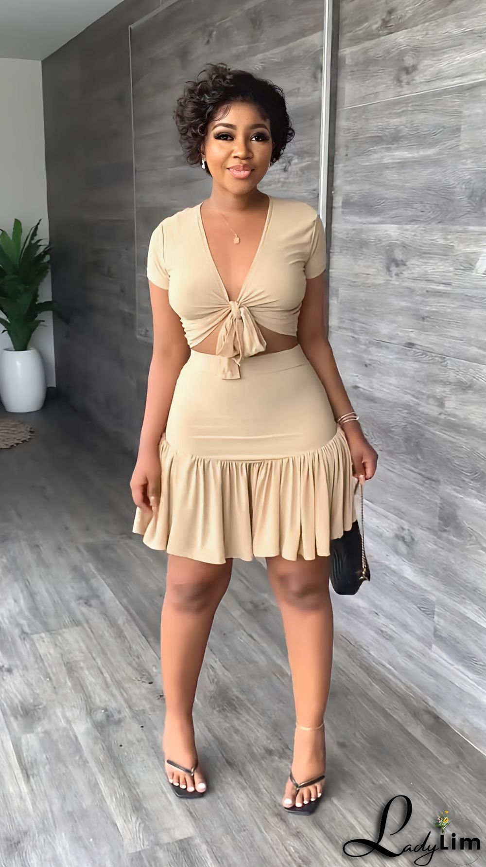 V Neck Short Sleeve Lace-Up T-Shirt Ruffle Skirt Casual Holidays Two-Piece Set