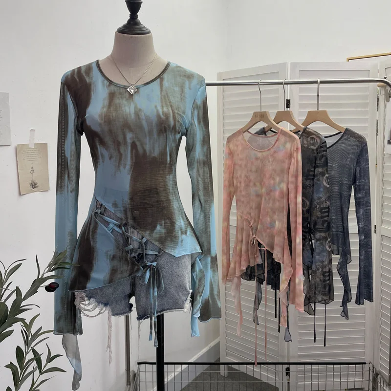 Uveng Irregular Tie With Lotus Leaf Side Tie Print Mesh Yarn Perspective Sunscreen Shirt T-Shirt T-Shirt Short T-Shirt 9928