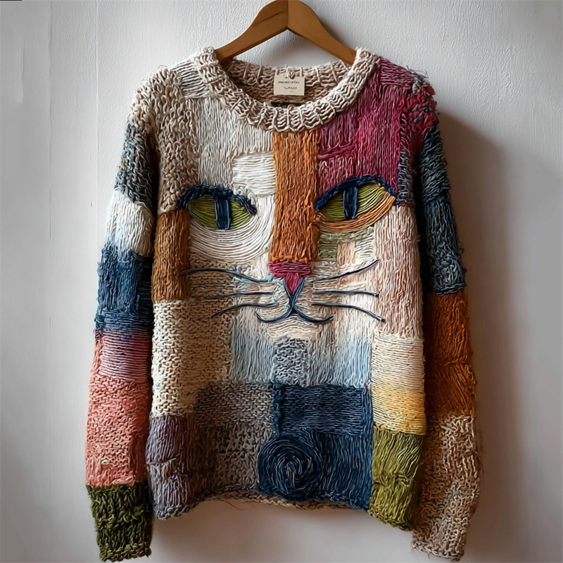 Vintage Cat Face Colorblock Art Cozy Knit Sweater