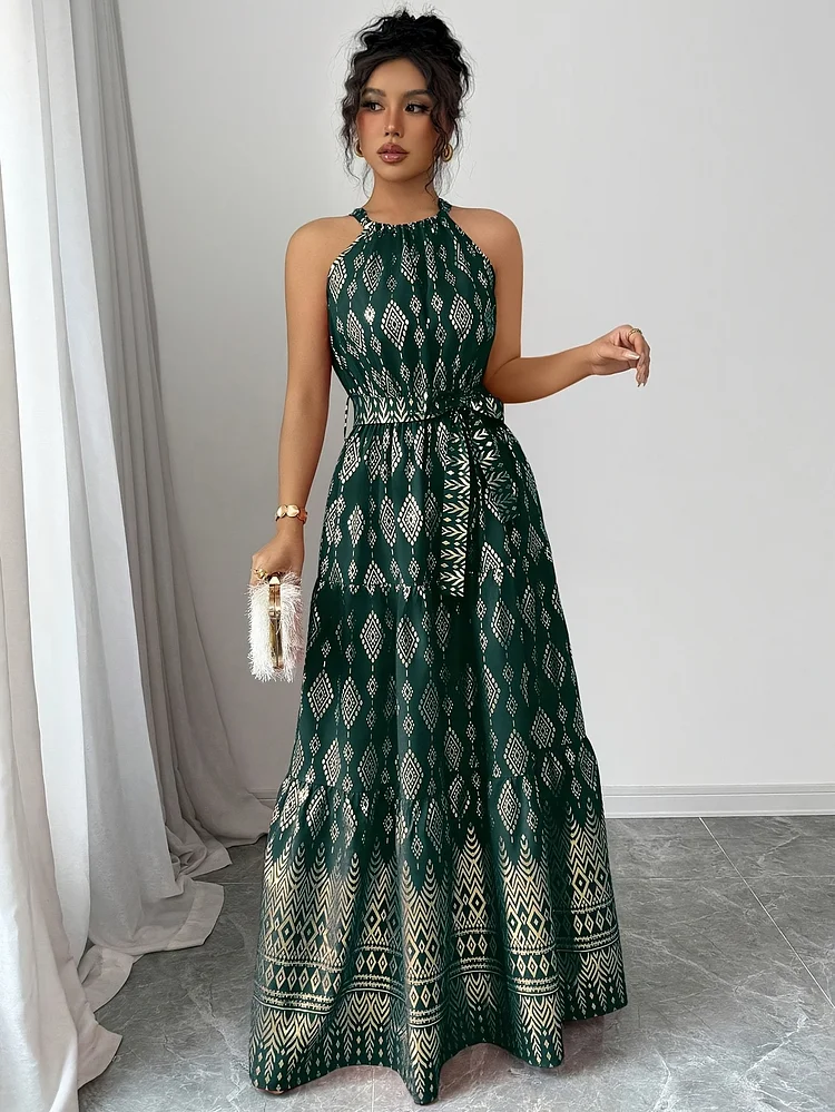 Women's Elegant Halter Neck Dress With Adjustable Waist Tie - Long Sleeveless Geometric Print A-Line Dress In Emerald Green & Golden, Machine Washable Luxurious Fabric For Spring Summer Fall Formal Evening Wear & Gala Attire, Seasonal Fashion