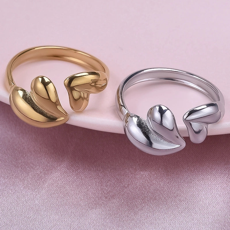 2 Pieces Minimalist Heart Shape 304 Stainless Steel 18K Gold Plated Polishing Open Rings