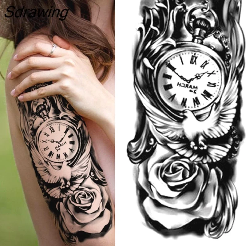 Sdrawing Tiger Temporary Tattoos For Men Women Kids Lion Skull Cross Tattoo Sticker Black Compass Skeleton Tatoos Leg Thigh 328-1