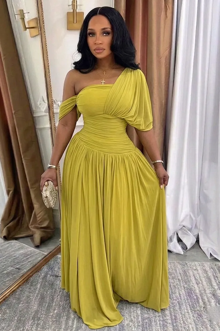 cinched waist a line dress One Shoulder Cinch Ruched A-Line Casual Maxi Dresses-Olive after-the-villa As a breastfeeding mama Color:Custom Color(Leave color in the seller box) feminine touch