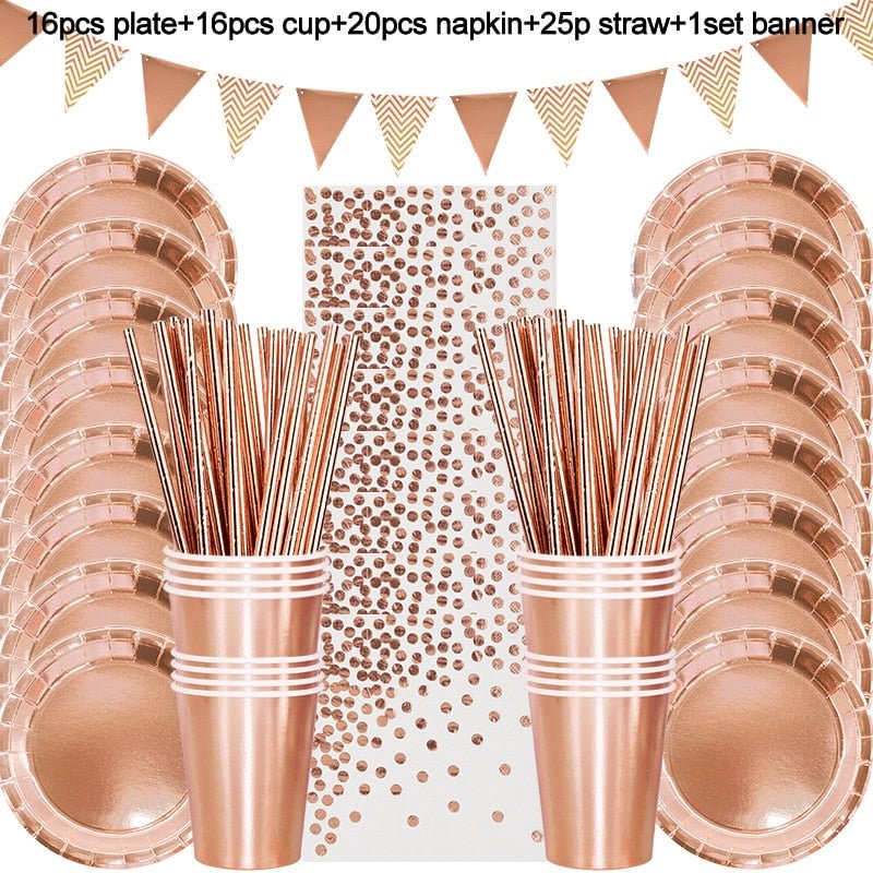 Rose Gold Party Disposable Tableware Set Paper Plate Cup Napkin Wedding Kids Adult Birthday Party Table Decoration Baby Shower