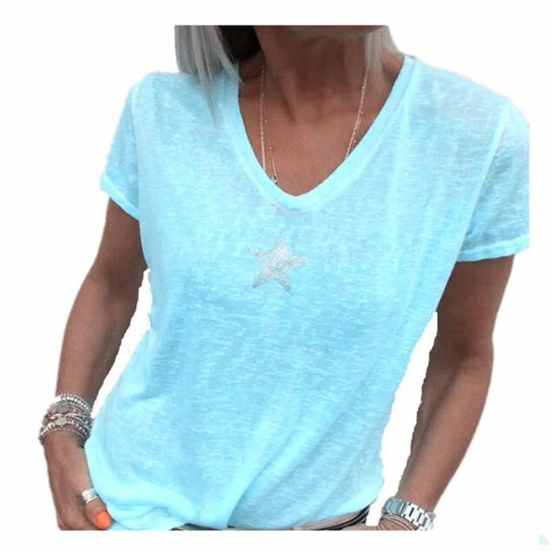 Women Short Sleeve Female 2021 Summer V Neck Tops Casual T Shirts Basic Tops Pentagram Bamboo Fiber Women's Tees Plus Size 5XL