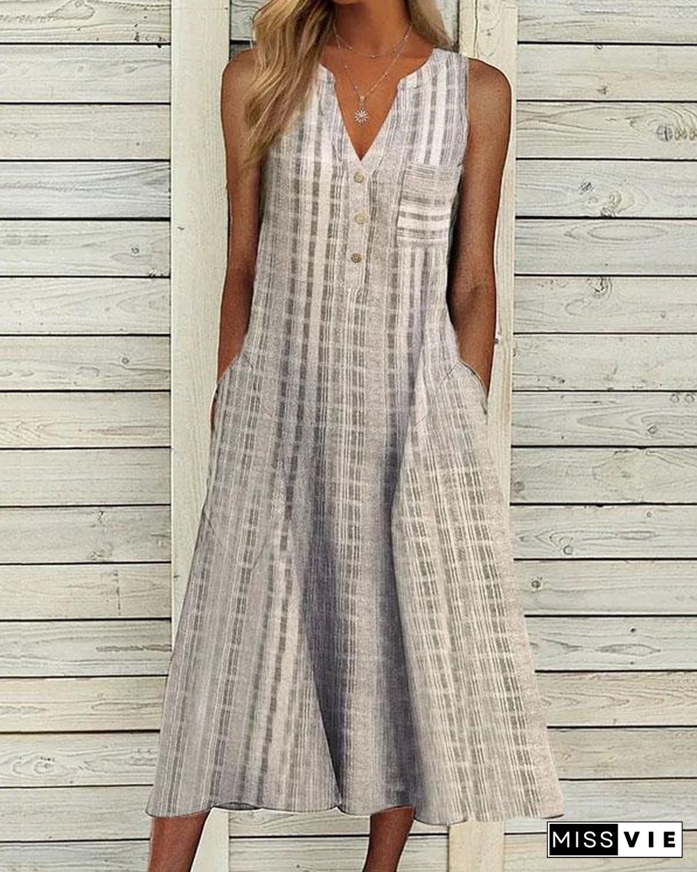 Sleeveless Button V Neck A Line Dress