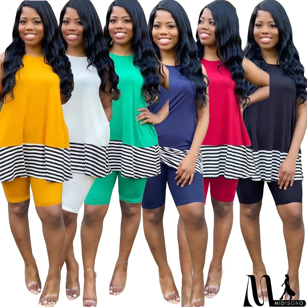 MidiSono - Casual Stripe Patchwork Sleeveless 2 Piece Shorts Set