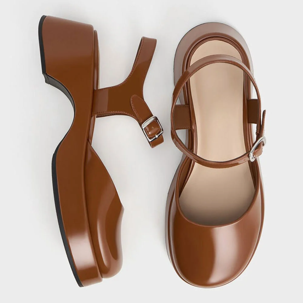 YDN Brown Round Toe Ankle Strap Chunky Heel Platform Sandals