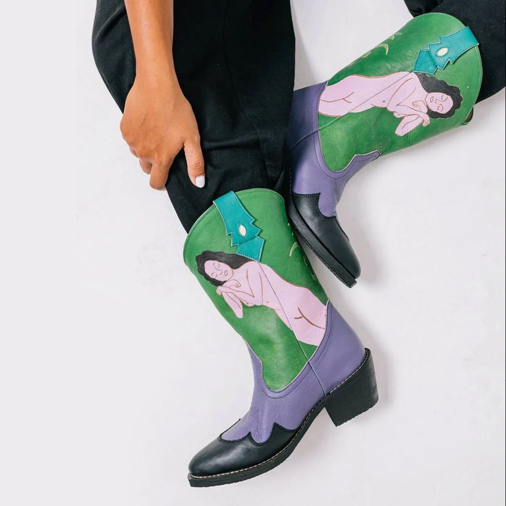 Multicolor Closed Toe Block Heel Mid Calf Woman Painted Cowboy Boots Nicepairs