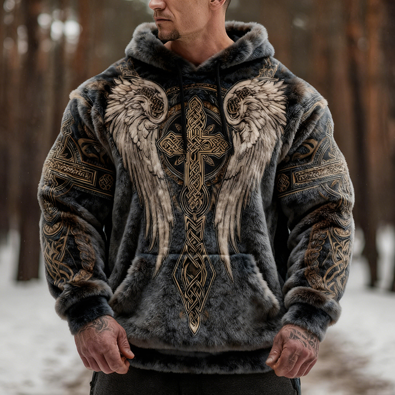 Men's Viking Wings Cross Pattern Gradient Flannel Hoodie elevenforest