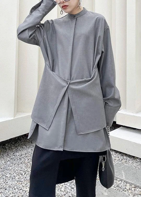 French Grey asymmetrical design  Long sleeve Spring Blouses