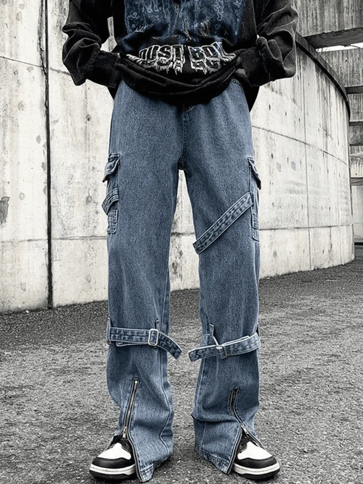 Brownm Men's Strap Detail Vintage Cargo Jeans