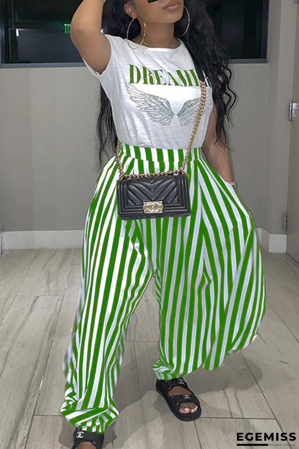 Green Casual Print Patchwork O Neck Short Sleeve Two Pieces | EGEMISS
