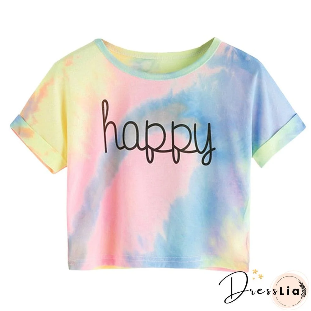 Happy Letter Printed Tie Dye Print Knot Front Casual Girls T-Shirts Drop Shipping In Stock