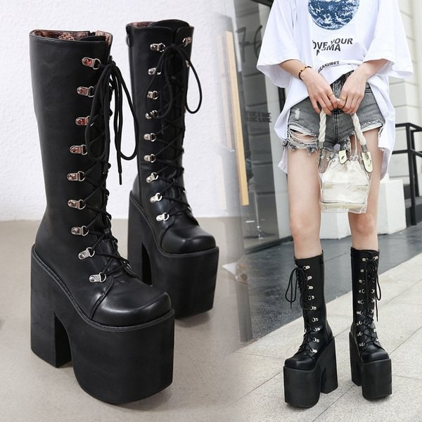 34-43 Creepers Motorcycle Knee High Boots Punk Cosplay Boots Gothic Wedges Platform Chunky High Heels Boots Women Shoes - Shop Trendy Women's Clothing | LoverChic