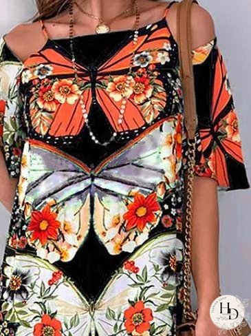 Butterfly Print Cutout Short Sleeve Dress for Women