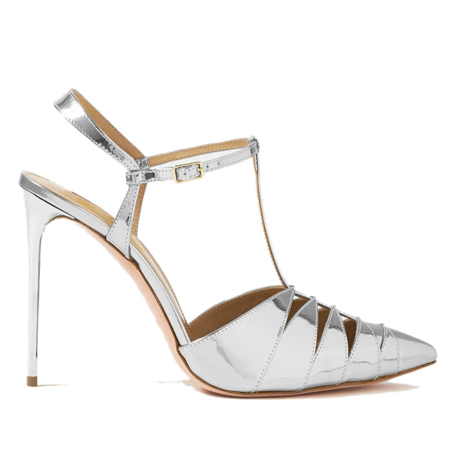 TAAFO Sliver T-Strap Women Stilettos Sandals Pointed Toe Buckle Strap High Thin Heels Ladies Party