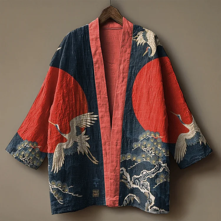 Japanese Cranes & Sea Waves Embroidered Linen Kimono Cardigan