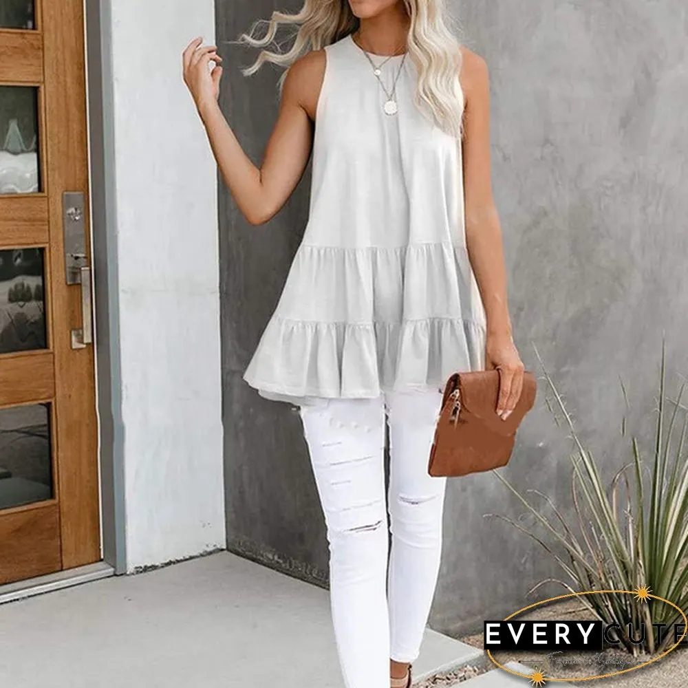 Women Fashion Spring Summer Sleeveless Loose Solid Color Splicing T-shirt topss