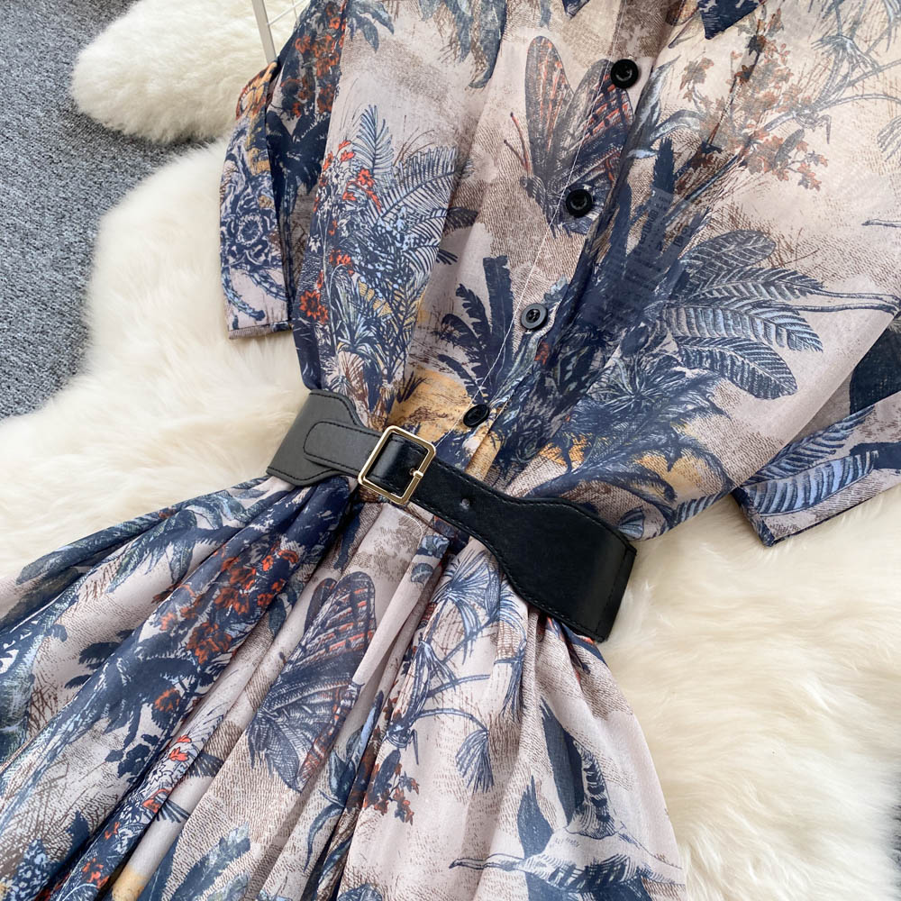 Women Vintage Party Dress Summer French Elegant Print Dress Ladies High Waist Retro Single Breasted Belt Casual Long Dress