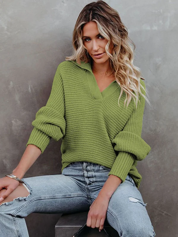 Long Sleeves Solid Color Lapel V-Neck Sweater Tops