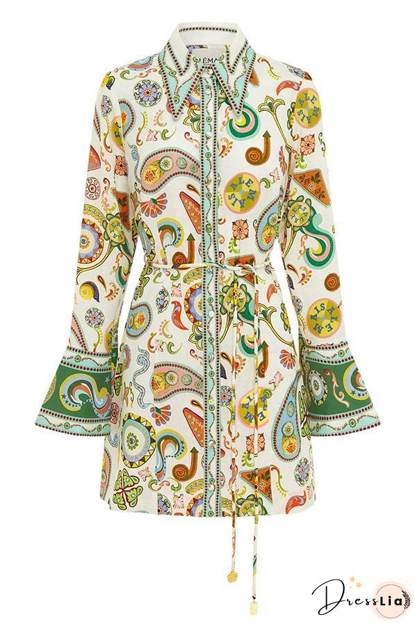 Mila Linen Blend Unique Print Shaped Collar Tie-up Waist Shirt Mini Dress