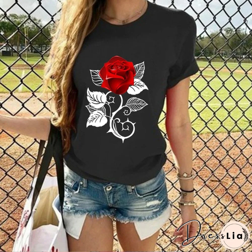 Girls and Women's Fashion Red Rose Printed T-Shirt Cute Graphic Tee Shirt Ladies Summer T-shirts Casual Plus Size Tops Flower T Shirts